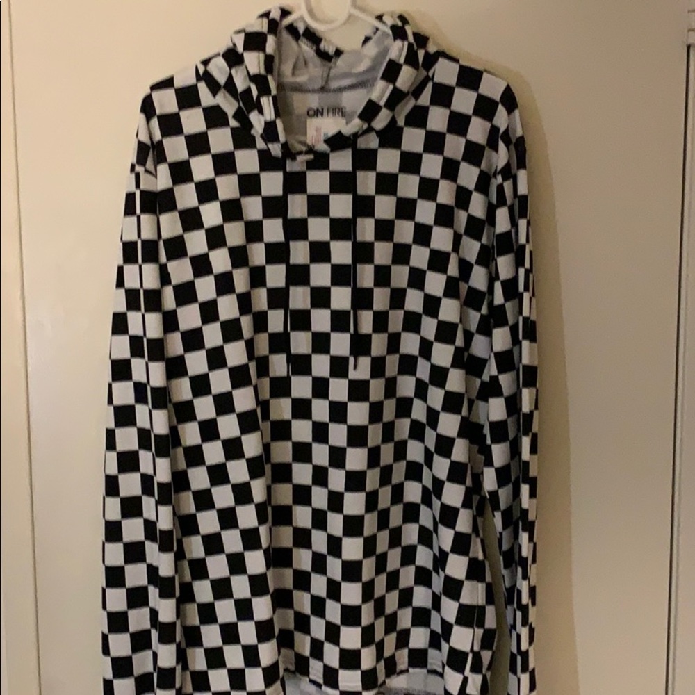 Checkered-print, hooded sweatshirt.